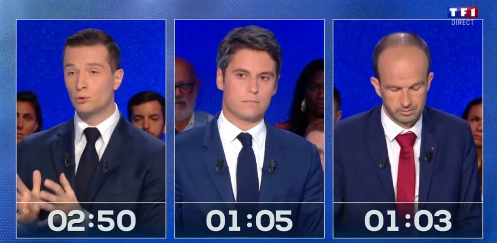 Jordan Bardella, Gabriel Attal et Manuel Bompard lors du débat du 25 juin 2024 ©Capture d’écran TF1