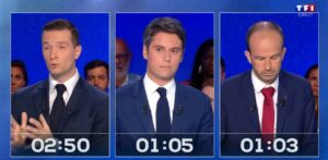 Jordan Bardella, Gabriel Attal et Manuel Bompard lors du débat du 25 juin 2024 ©Capture d’écran TF1