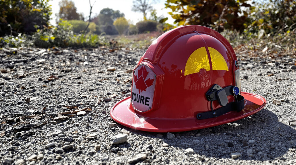 Casque de pompier devant un tribunal