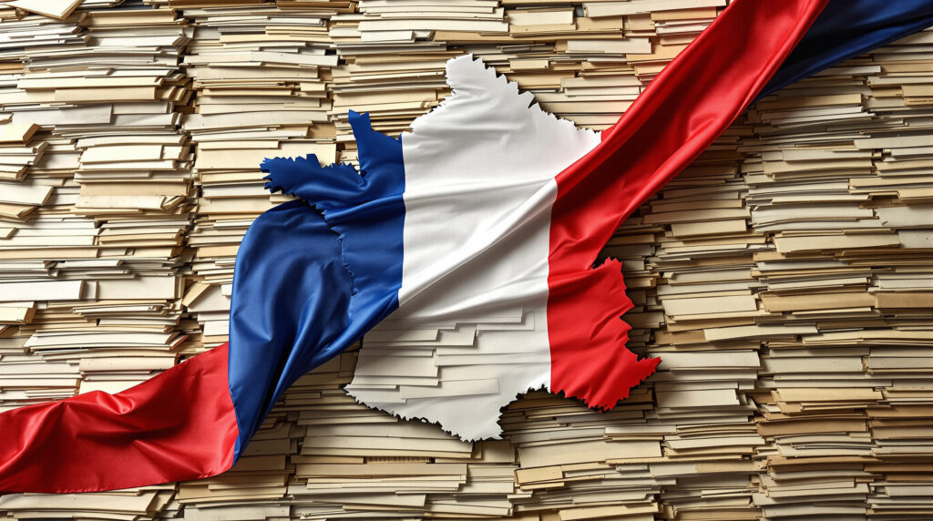 Pile de documents administratifs sur fond de carte fragmentée