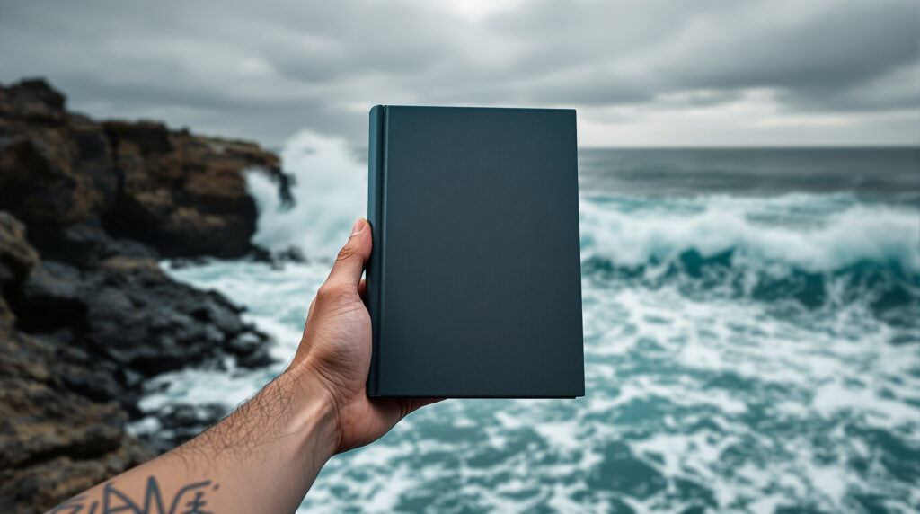 Main sur livre, mer tumultueuse