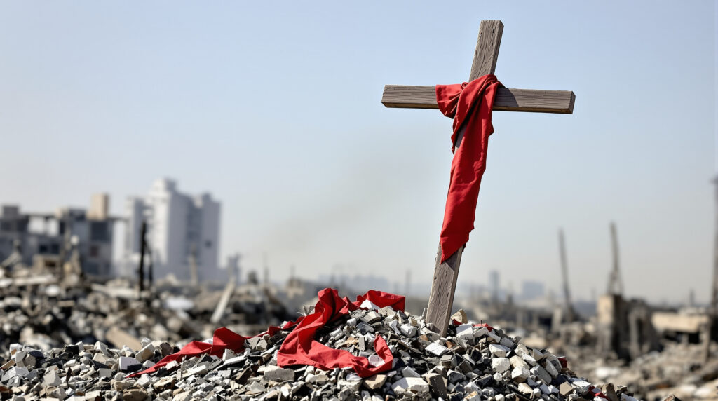Trêve fragile en Ukraine : Une croix orthodoxe solitaire se dresse au milieu de ruines urbaines, baignée par la lumière de l'aube, symbolisant la pause pascale sous tension.