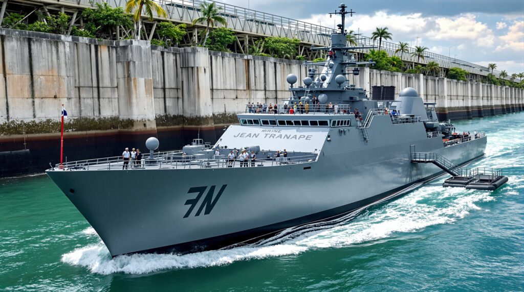 Photojournalisme d'un patrouilleur de la Marine nationale dans le canal de Panama, avec un d&eacute;tail d'embarquement.