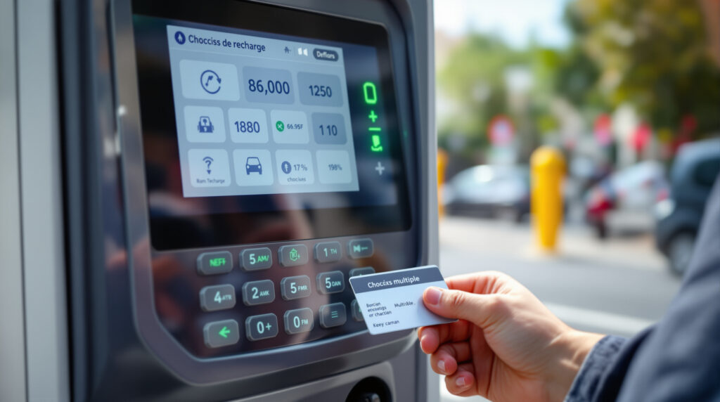 Main incertaine devant borne de recharge complexe