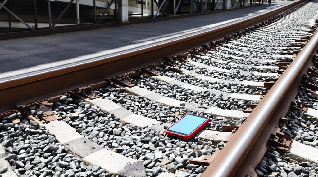 Pieds sur rails, smartphone en main