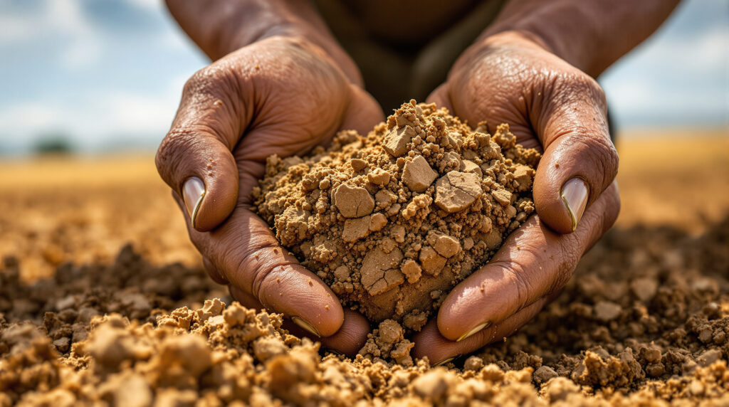 Mains d'agriculteur et terre craquelée